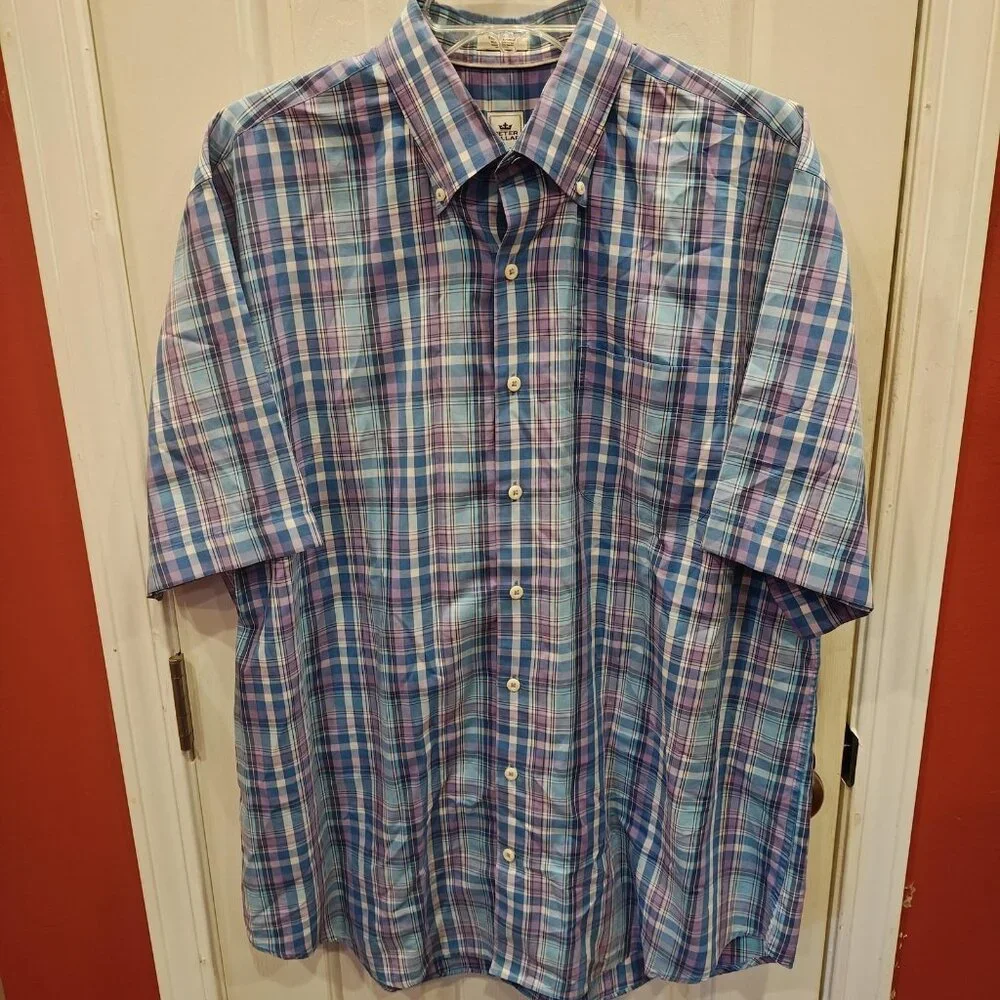 Peter Millar Shirt Mens XL Blue Purple Plaid Button Down Short Sleeve Cotton - Picture 1 of 7